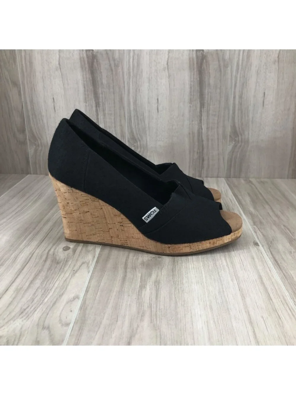 Toms Wedges Womens 8 Black Slip On Peep Toe Cork Wedge Shoes